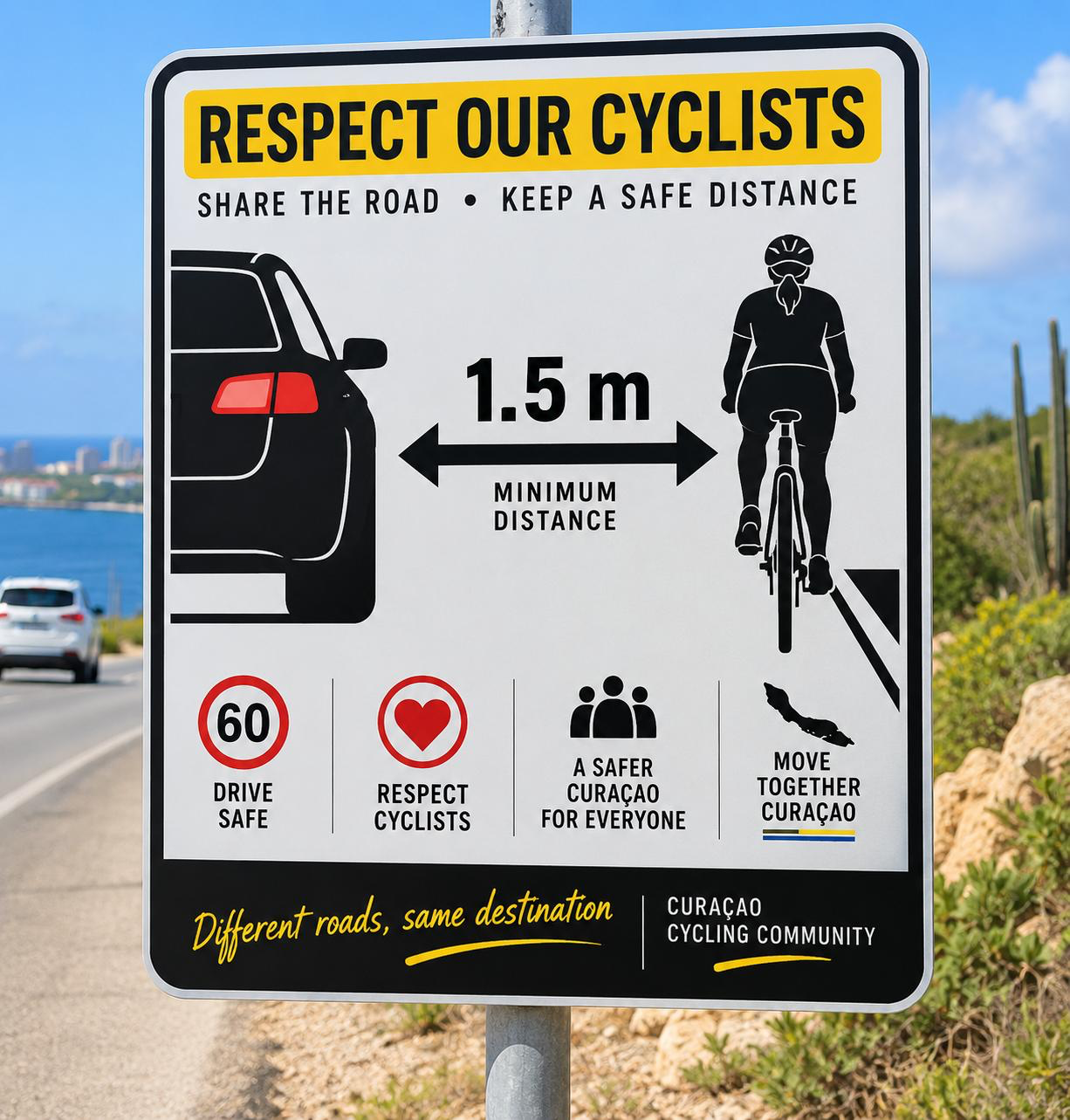 Verkeersbord Respect Our Cyclists met 1,5 meter veilige afstand