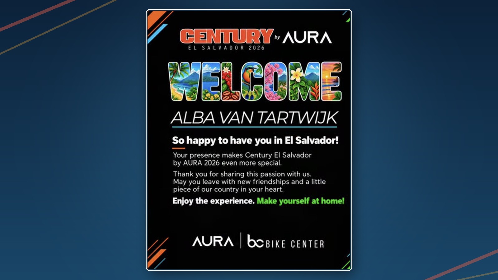 Welkomstposter van Century El Salvador by AURA 2026 met de naam van Alba van Tartwijk