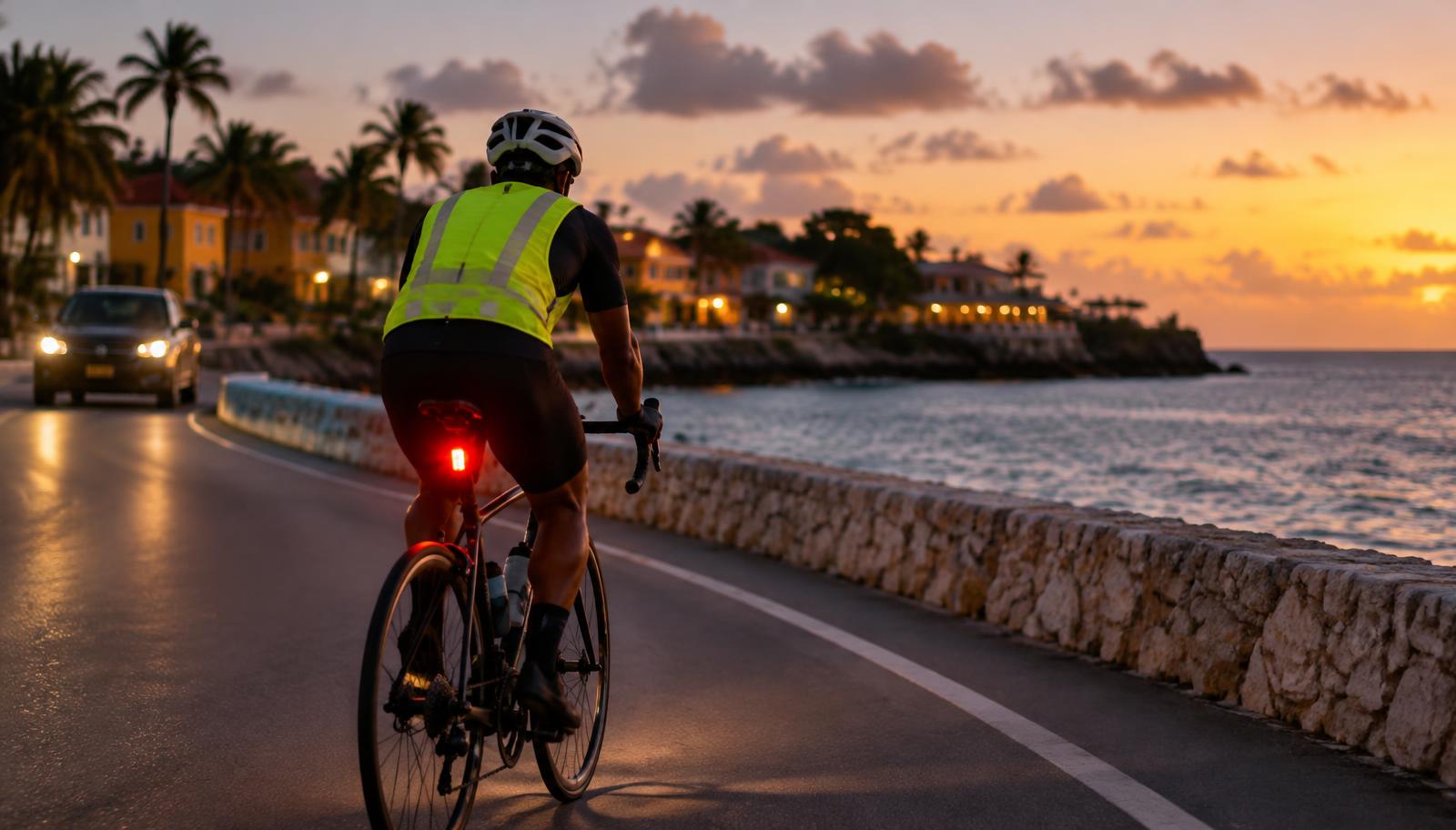 Fietser in een reflecterend hesje met knipperend rood achterlicht op een kustweg bij avond
