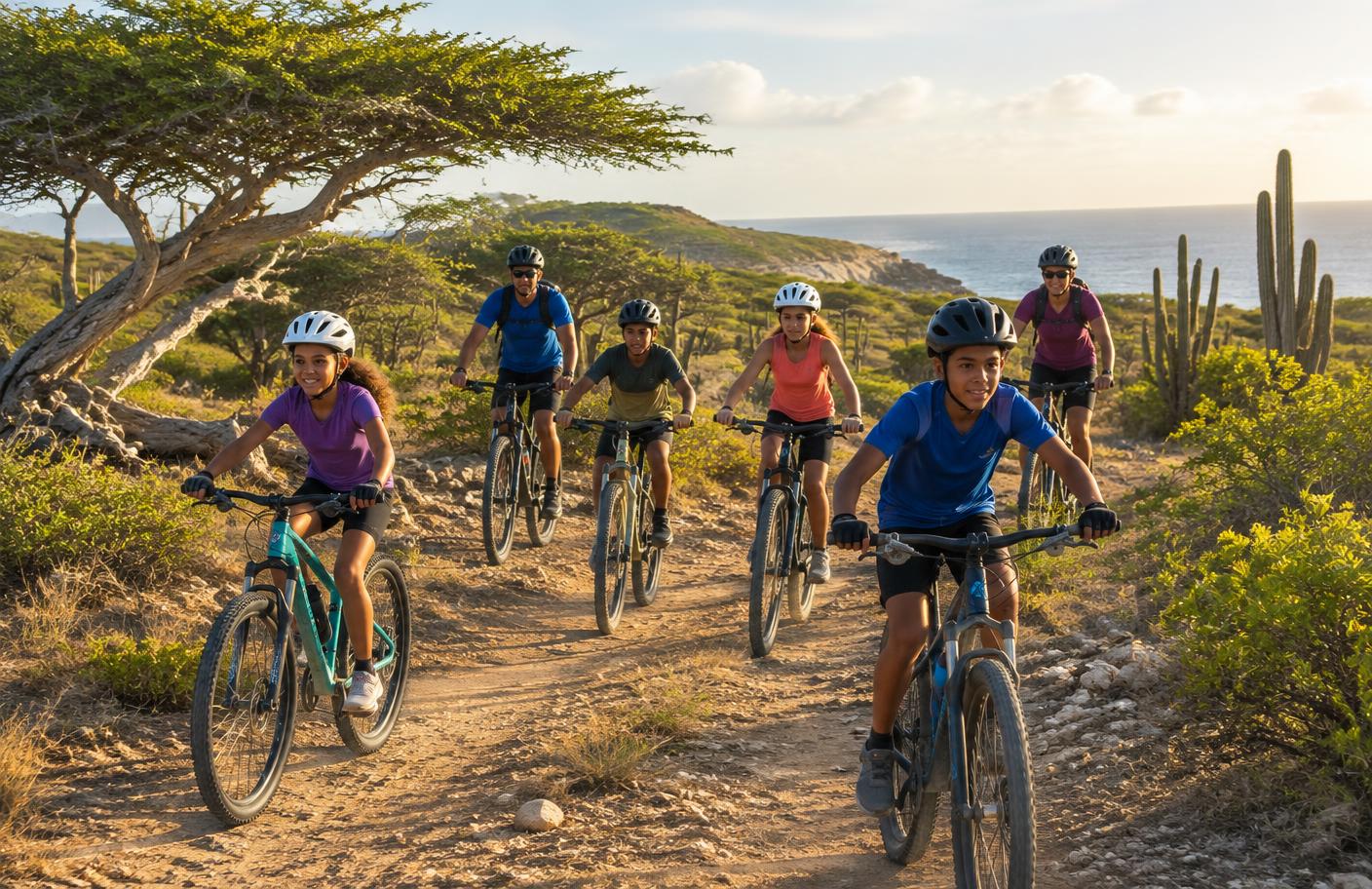 Kinderen en begeleiders fietsen samen off-road op Curaçao